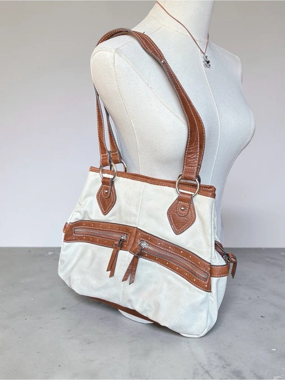 Women’s Cream and Tan Shoulder Tote Bag